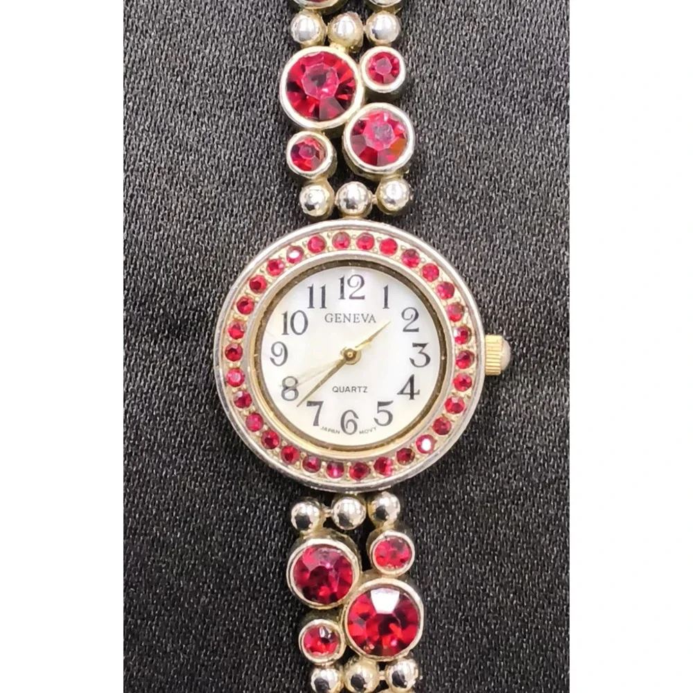 Vintage Geneva Watch Women's Round Silver Tone Red Crystals Inset MOP #W5156